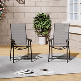 Outdoor patio chair set with dark frames, gray mesh backs, and curved armrest supports