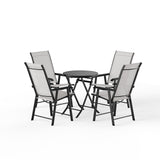 Outdoor patio chair set with dark metal frames, gray mesh backs and a round tabletop