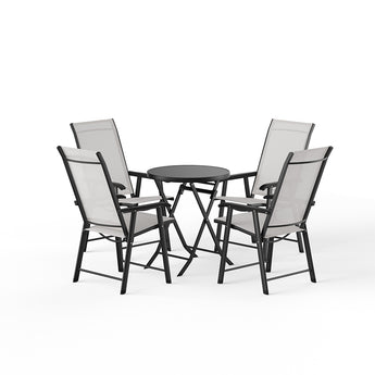 Outdoor patio chair set with dark metal frames, gray mesh backs and a round tabletop