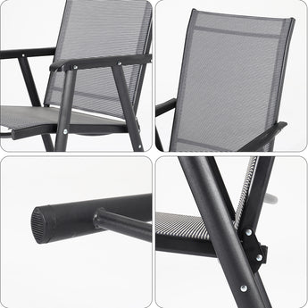 Outdoor patio chair details: gray mesh panel, dark armrests, metal legs and fasteners