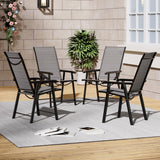 Outdoor patio chair set with dark frames and gray mesh backs, arranged around a table