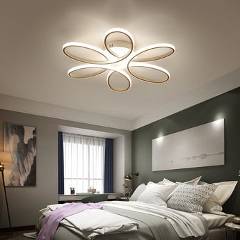 Five-petal modern LED semi-ceiling luminaire with white oval ring petals and center light