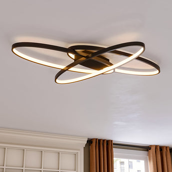 90cm LED ceiling light with black cross-ring frame and warm white glow