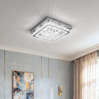 Crystal LED flush mount ceiling light with square metal frame and glowing light ring