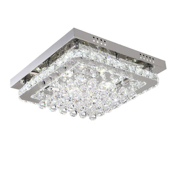 Square flush mount ceiling light with clear crystal prisms and chrome metal canopy
