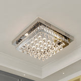 Ceiling-mounted crystal LED light with chrome frame and round glass prisms
