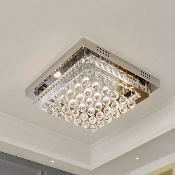 Ceiling-mounted crystal LED light with chrome frame and round glass prisms