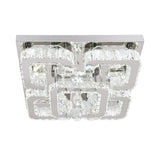 Square crystal LED ceiling lamp frontal view with clear crystal blocks and metallic base