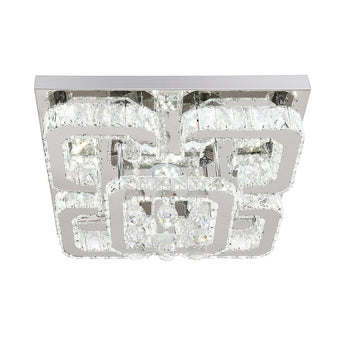 Square crystal LED ceiling lamp frontal view with clear crystal blocks and metallic base
