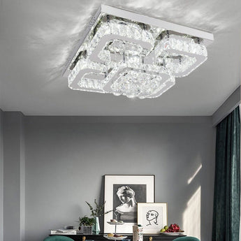 Square crystal LED ceiling lamp, clear cut-crystal shades on metallic frame