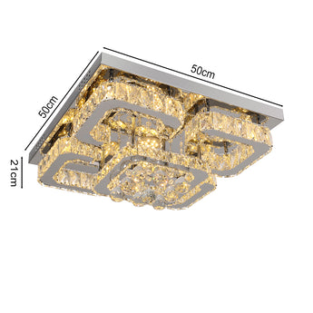 Square crystal LED ceiling lamp with gold-toned warm glow and faceted glass panels.