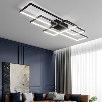 Modern LED ceiling light with black cross-shaped frame and rectangular LED strips