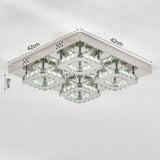 Square crystal LED ceiling lamp with clear prisms and chrome frame, multi-light design.