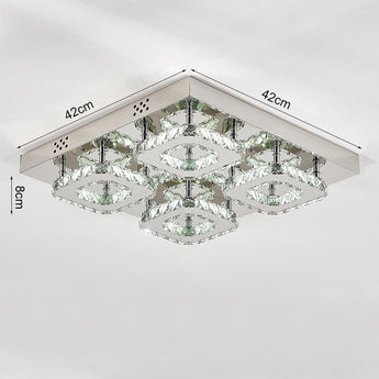Square crystal LED ceiling lamp with clear prisms and chrome frame, multi-light design.