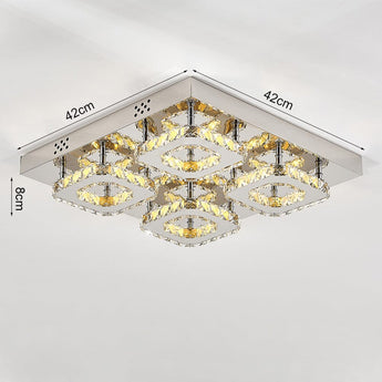 Square crystal LED ceiling lamp with 42cm x 42cm size and 8cm height, warm glow