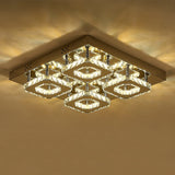 Square crystal LED ceiling lamp showing warm light through clear crystal rings