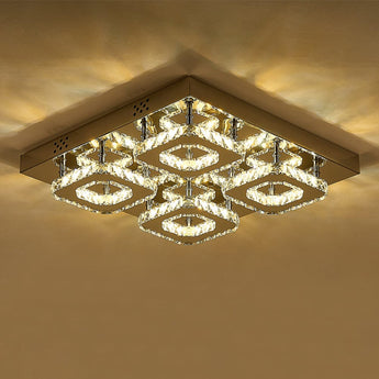 Square crystal LED ceiling lamp showing warm light through clear crystal rings