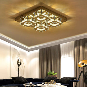 Square crystal LED ceiling lamp with warm dimmable glow and metallic frame