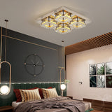 Square crystal LED ceiling lamp with warm glow, multi-ring crystal pattern on ceiling