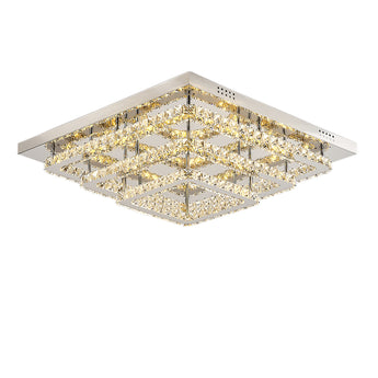 Square crystal LED ceiling light with silver canopy, chrome accents, and clear prisms