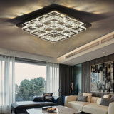 Square crystal LED ceiling light with chrome frame and clear sparkling prisms