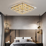 Square crystal LED ceiling light with chrome frame and warm glowing clear prisms