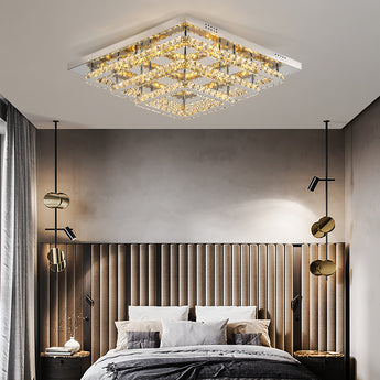 Square crystal LED ceiling light with chrome frame and warm glowing clear prisms