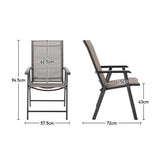 Outdoor patio chair side view with dark frame, gray mesh back, armrests and tapered legs