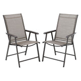 Pair of outdoor patio chairs with dark frames, gray mesh backs, and curved armrest pads