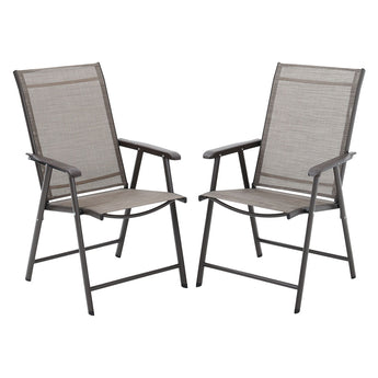 Pair of outdoor patio chairs with dark frames, gray mesh backs, and curved armrest pads