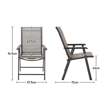 Outdoor garden chair with dark metal frame and brown mesh fabric back, armrests