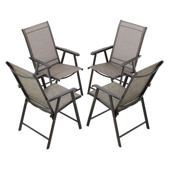 Outdoor patio chair set with dark frames, gray mesh backs, and seats with curved armrests