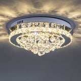 Round ceiling lamp with clear crystal drops and chrome rim, sparkling crystal details
