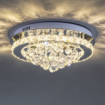 Round ceiling lamp with clear crystal drops and chrome rim, sparkling crystal details