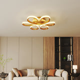 Golden acrylic LED semi-flush mount ceiling light, five-ring design with warm illumination