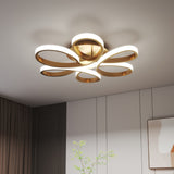 Golden LED semi-flush ceiling light with five circular ring arms and bright white glow