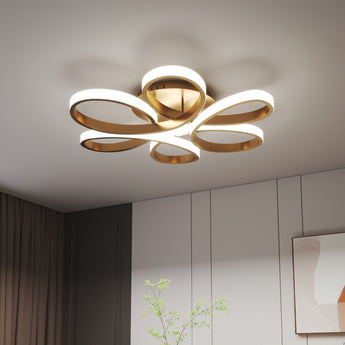 Golden LED semi-flush ceiling light with five circular ring arms and bright white glow