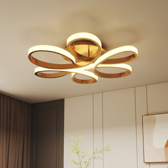 Golden acrylic LED semi-flush mount ceiling light with five white-lit ring shades