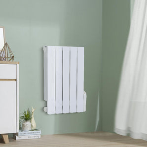 White oil-filled radiator electric heater with LED screen, vertical fin panels.
