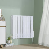 Wall-mounted white electric radiator heater with slim vertical fins on a wall