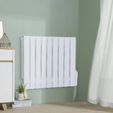 Wall-mounted white electric radiator heater with slim vertical fins and side control area