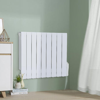 Wall-mounted white electric radiator heater with slim vertical fins and side control area