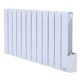 Wall-mounted white electric radiator heater with vertical fins and right-side control unit