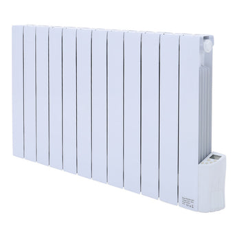 Wall-mounted white electric radiator heater with vertical fins and right-side control unit