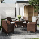 Outdoor woven dining table in brown with a parasol hole on the tabletop center.