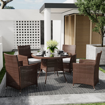 Outdoor woven dining table in brown with a parasol hole on the tabletop center.