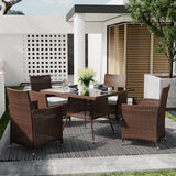 Outdoor dining table with square top and center parasol hole, brown woven style