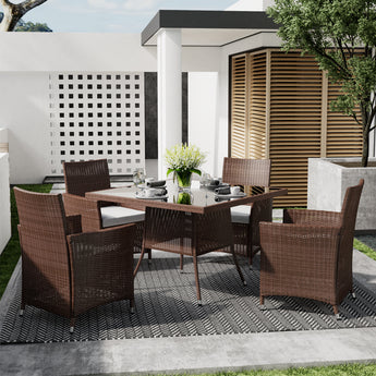 Outdoor dining table with square top and center parasol hole, brown woven style