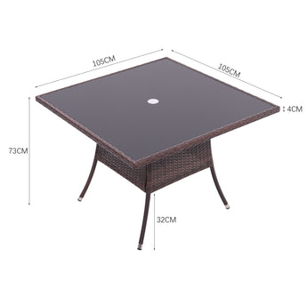 Brown square outdoor table size diagram, square top with center parasol hole