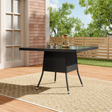 Black square outdoor table with center parasol hole and woven sides
